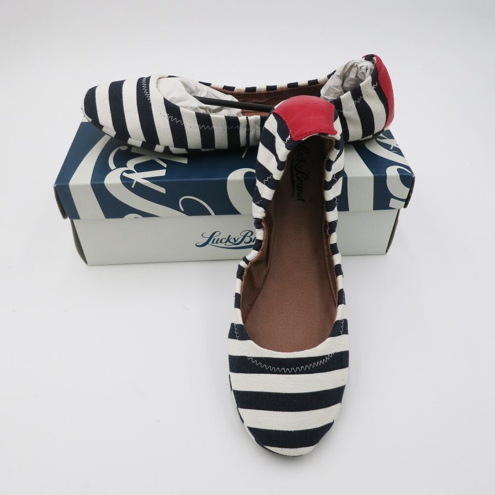 LUCKY BRAND Erin Navy/White Striped Canvas Ballet Flat 9.5 Red Leather Backstay